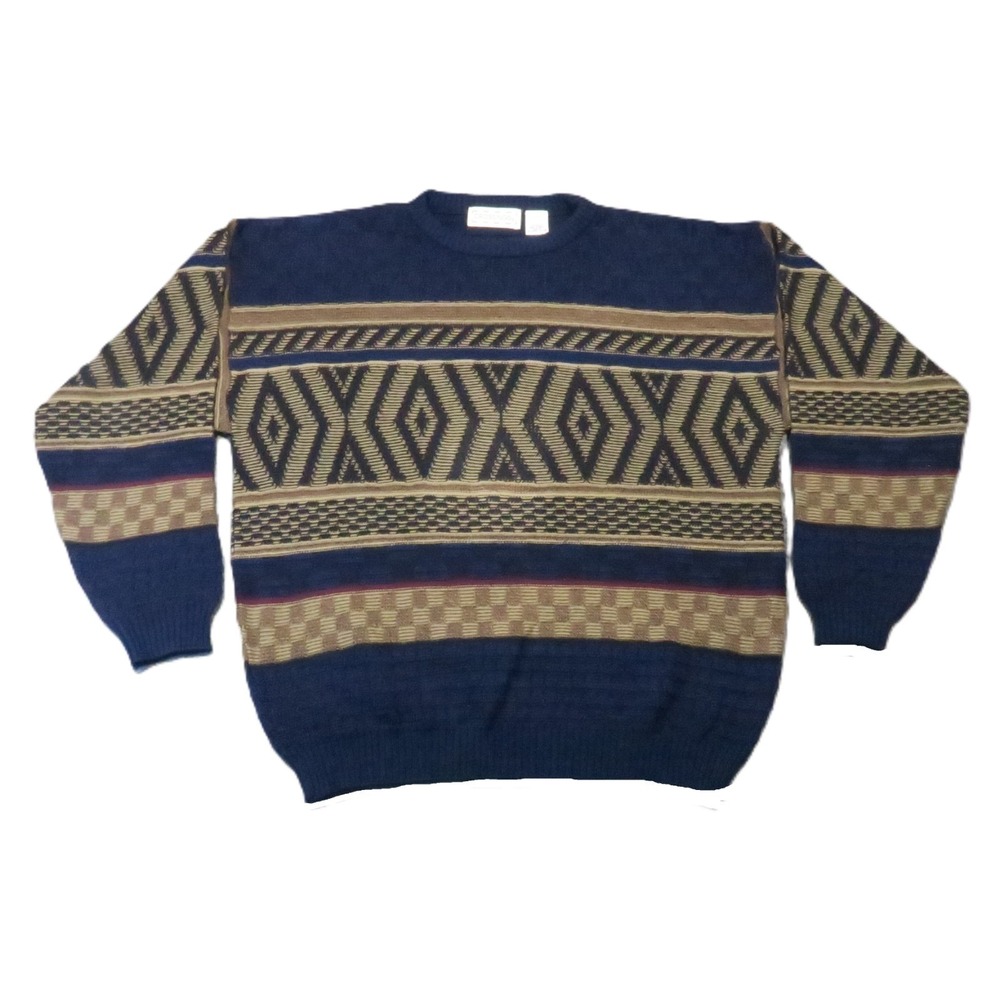 Vintage 90s Diamond Sweater Mens L Navy Tan‎ Geometric Crew Neck Southwestern